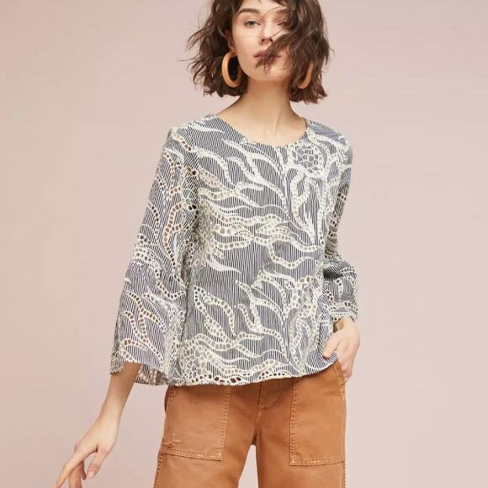 Anthropologie Matison Stone Eyelet‎ Lace Top Size XS Blue Stripe Bell Sleeve
